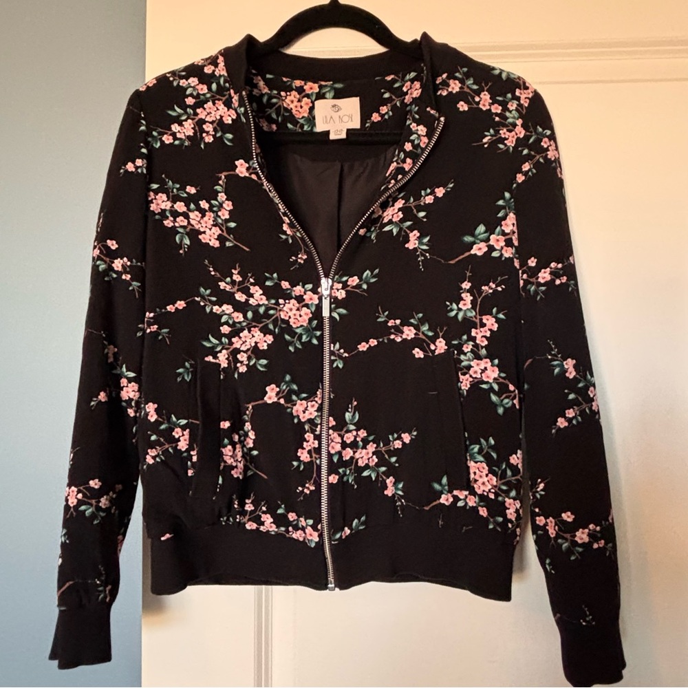 Lila Rose black bomber jacket with pink and green floral pattern Size XS